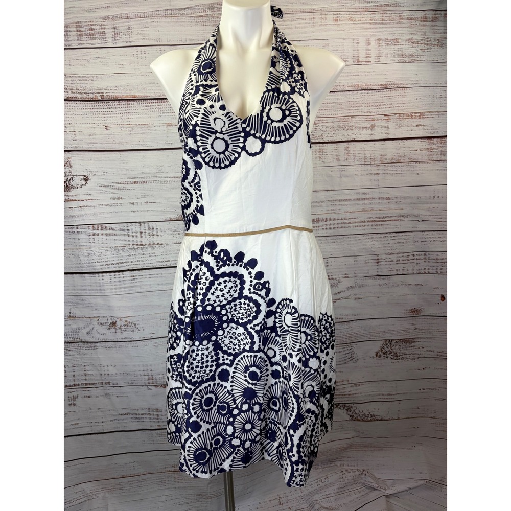 Nine West Urban Nomad Halter Dress Navy White Medallion Print Size 14 NEW